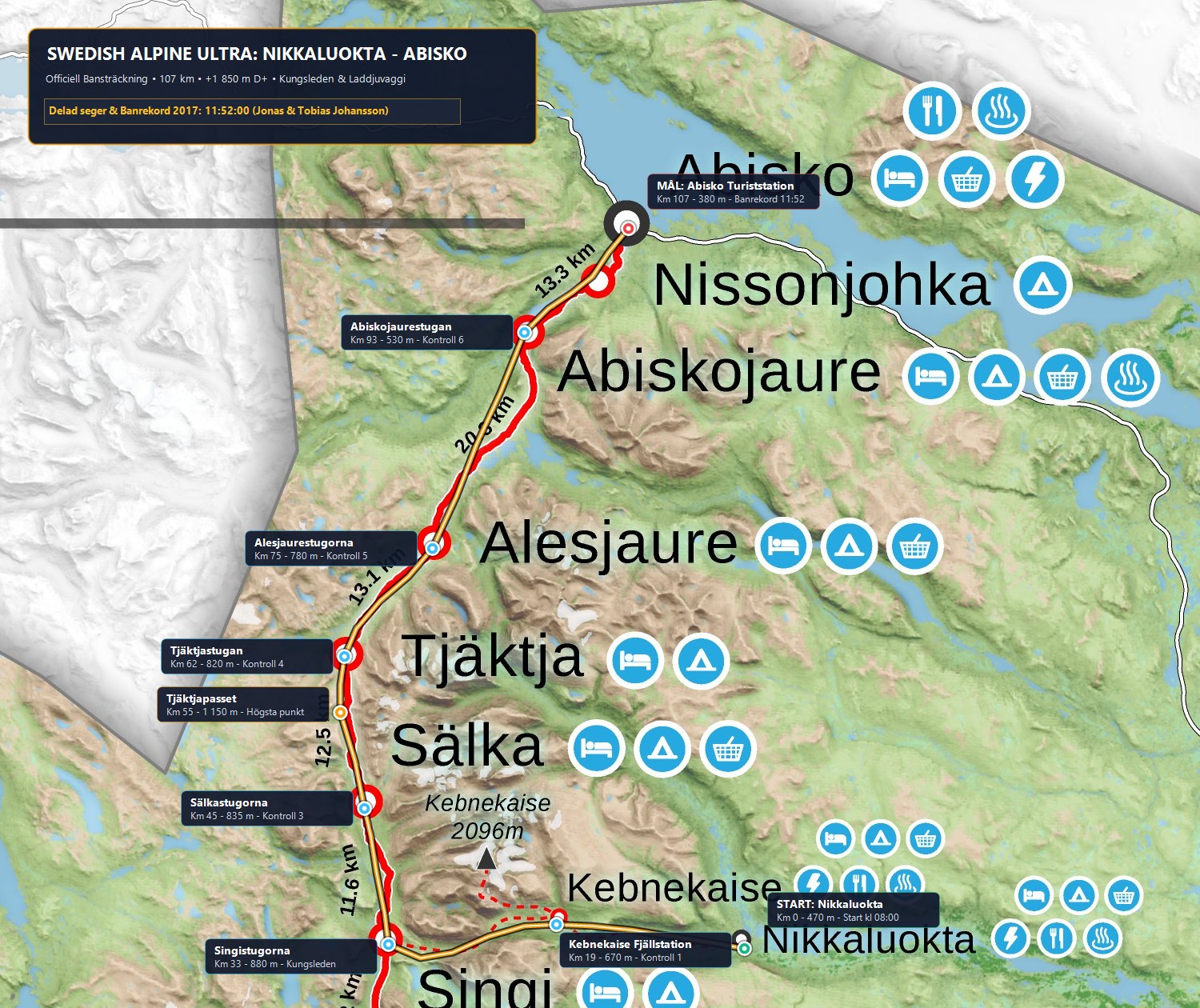 Bankarta över Swedish Alpine Ultra från Nikkaluokta till Abisko